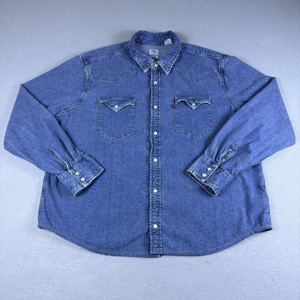 Levis Pearl Snap Shirt Mens Extra Large Blue Long Sleeve Denim Western Standard